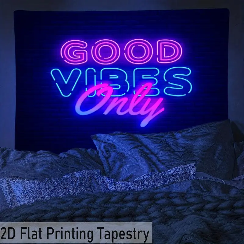 2D Flat, 1pc "Good Vibes Only" Neon Tapestry - Vibrant Purple & Pink Glow-in-the-Dark Wall Hanging, Easy-to-Hang Polyester Fabric for Bedroom, Living Room, Dorm Decor, Bedroom Decor |     Modern Aesthetic |     Easy Hang Tapestry, Bedroom Decoratio
