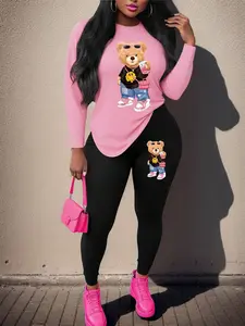 【Plus Size】 Two-Piece Set Cartoon Bear Print  Tee & Skinny Pants, Matching Outfit Set Casual Fashion Cozy Round Neck Long Sleeve Top & Trousers for Daily Outdoor Wear, Women's Outfits for Fall & Winter, Womenswear, Clothes
