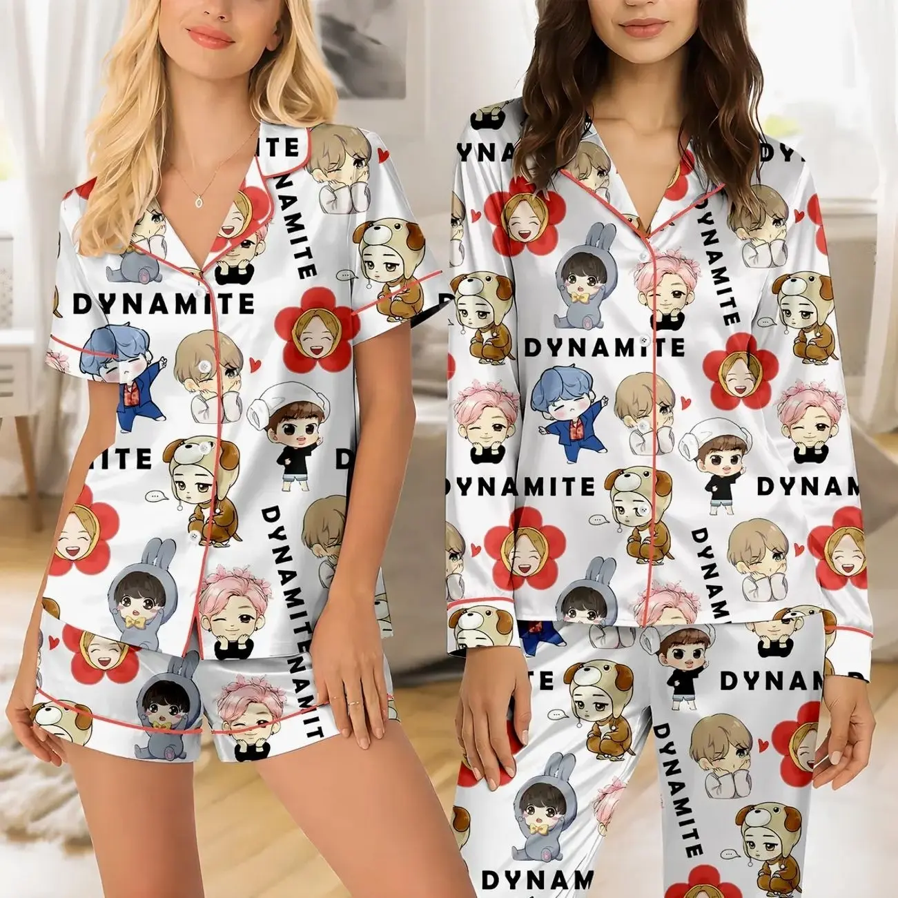 Bt-21 Cartoon Pajama Set, Satin Sleepwear, Gift for Fans, Pajama Set for Kpop Fans, Kpop Pajama Set