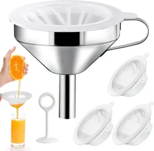 4 count 200 Mesh  Filter Strainer with 1 count Funnel and Squeezing Rod,  Ultra Fine Mesh Strainer for Filtering Juice Coffee Milk Honey, Kitchen Funnels for Filling Bottles