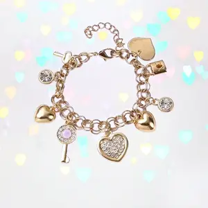 Gold Chain Link Bracelet14K Gold Plated Love Locked Bracelets for Women, Love Heart,Key, Lock, Charm Bracelet