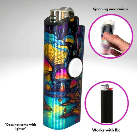 FLKR LYTR Mushroom-Style Art Rotating Fidget Lighter Holder for BIC Lighters (2.35×1.04×0.63in) - Snug-Fit Matt Polypropylene Plastic Accessory, Security-Focused Spinning Mechanism, Stress Relief Tool for Adults, Multi-Function Decorative Gift