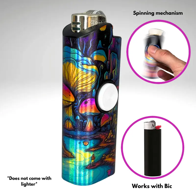FLKR LYTR Mushroom-Style Art Rotating Fidget Lighter Holder for BIC Lighters (2.35×1.04×0.63in) - Snug-Fit Matt Polypropylene Plastic Accessory, Security-Focused Spinning Mechanism, Stress Relief Tool for Adults, Multi-Function Decorative Gift
