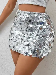 [Sequin Mini Skirt] Shiny Metallic Sequin Mini Skirt | Fairycore Women’s Stretchy Party Skirt with Elastic Waistband, Perfect for Night Out & Festive Occasions, Celebration Clothing, Lead Pencil Style