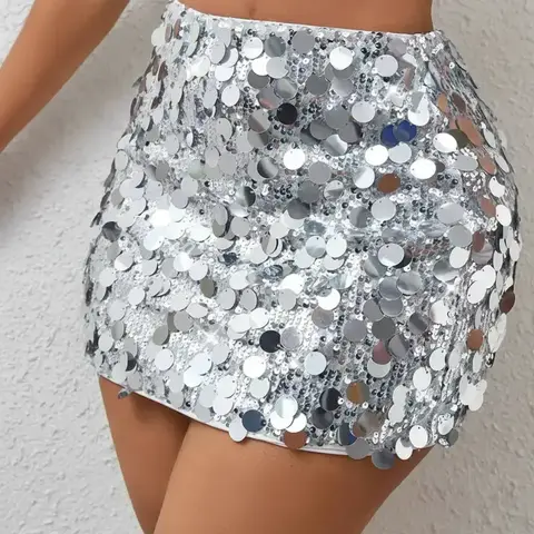 [Sequin Mini Skirt] Shiny Metallic Sequin Mini Skirt | Fairycore Women’s Fitted Stretchy Party Skirt with Elastic Waistband, Perfect for Evening, Night Out & Festive Occasions, Lead Pencil Style, Fashionable Skirt, Womenswear