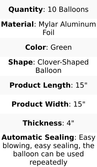 10 Pack Shiny Green Four Leaf Clover Shaped Mylar Foil Balloons 15"