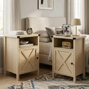 2 Pcs Farmhouse Wood Nightstand, Bedside Table with Cabinet and Open Shelf, Practical Small End Side Table, Rustic Night Stand Home Furniture for Bedroom Living Room, White/Black/Grey/Blue/Oak Tone