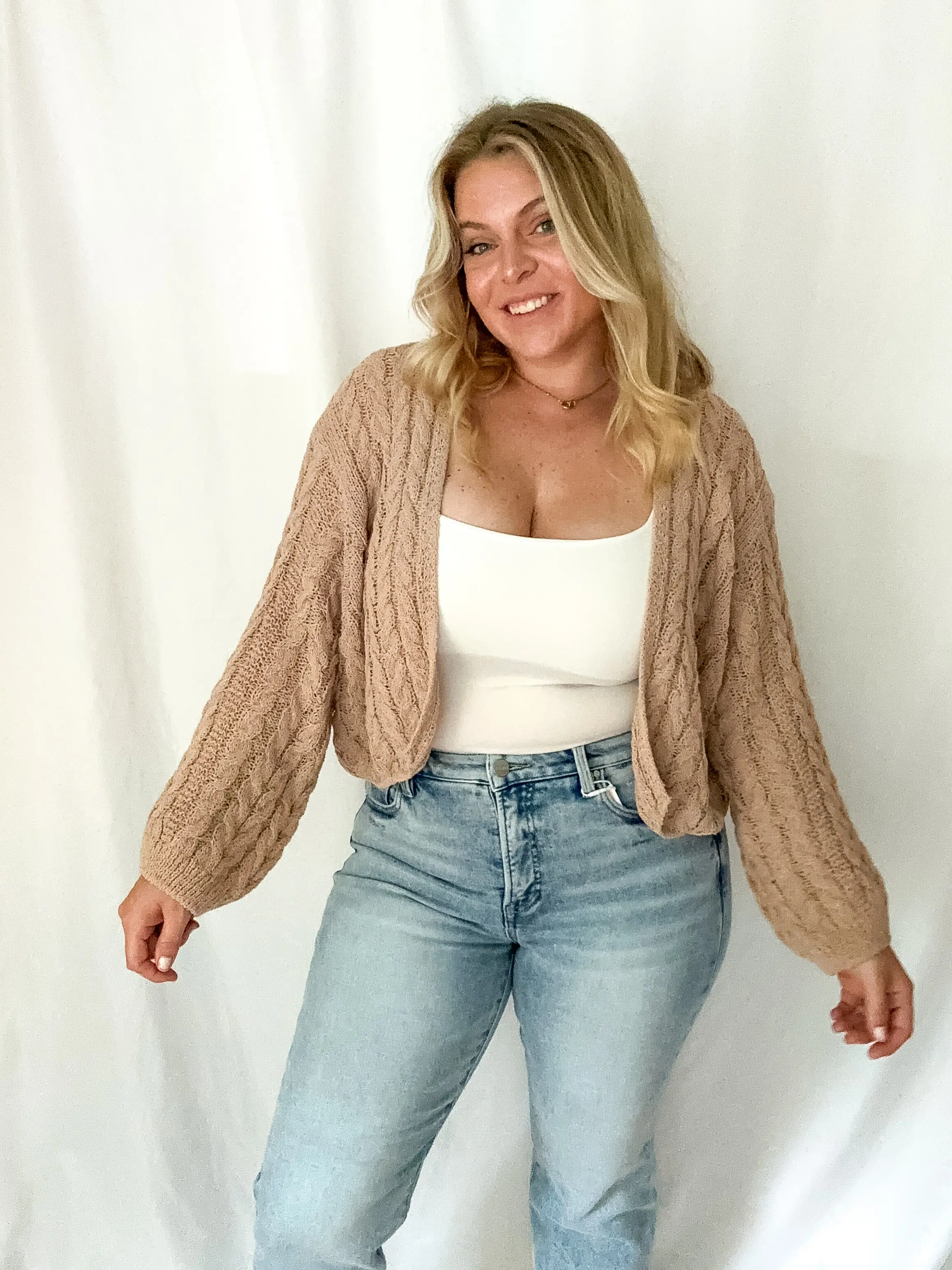 Seabreeze Lightweight Cable Knit Cardigan, Tan