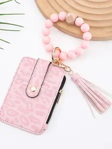 Leopard Print PU Leather Wallet Wristlet Keychain for Women, Wooden Bead Bracelet, Silicone Pearl Credit Card Holder, Boho Style Accessories