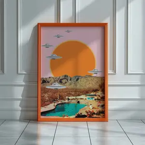 Vintage Sci-Fi Poster, Retro UFO Wall Art, Surreal Desert Sunset Collage Print