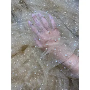Champagne Tulle Bead Pearl Lace