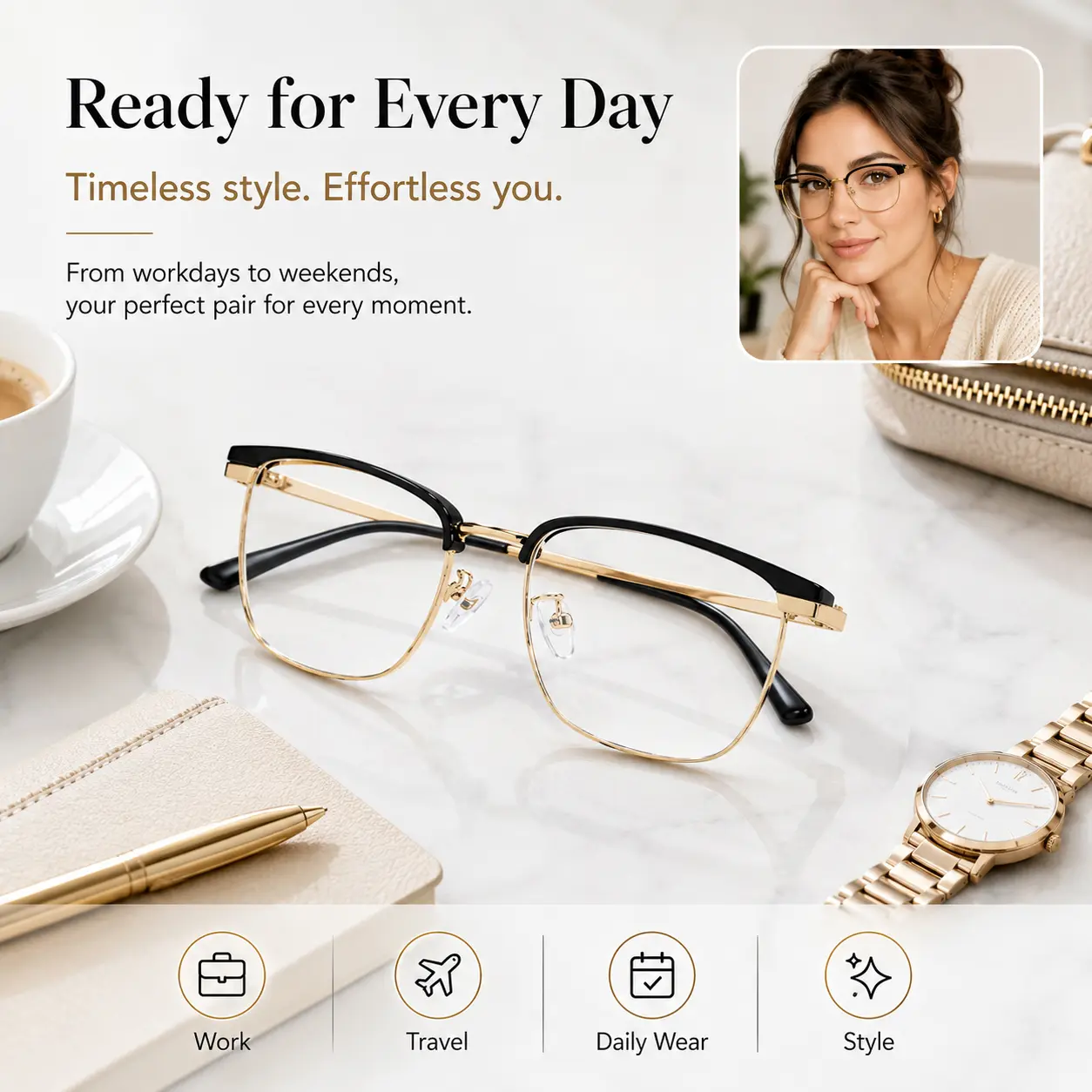 Unisex Photochromic Blue Light Glasses, UV-Sensitive Photochromic Lenses, Plano Lenses Eyeglasses, Black Gold Full Rim Frame with Metal Temples, Non-Prescription Eyewear for Men and Women, Optical Eyewear, High-Quality Plano Lenses