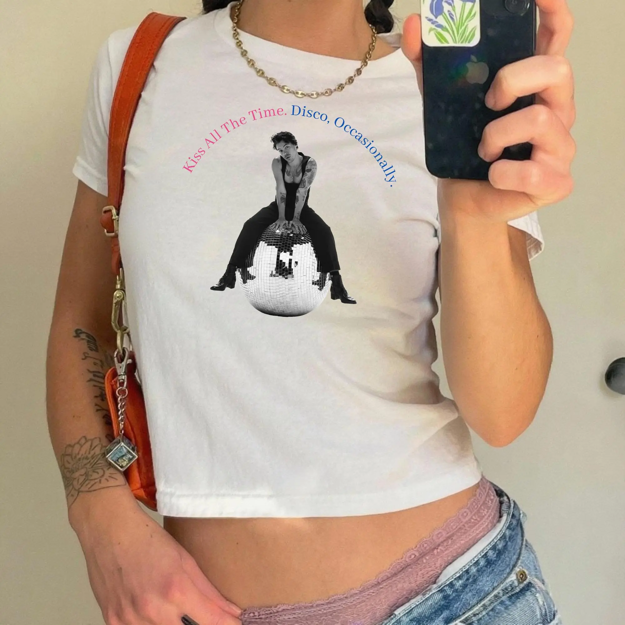 [Sale Up To 50%] Kiss All The Time. Disco, Occasionally. HS4 Baby Tee, Harry Styles Concert T-Shirt, Retro Disco Ball Print Tee, Y2K Trendy Slim Fit Crop Top