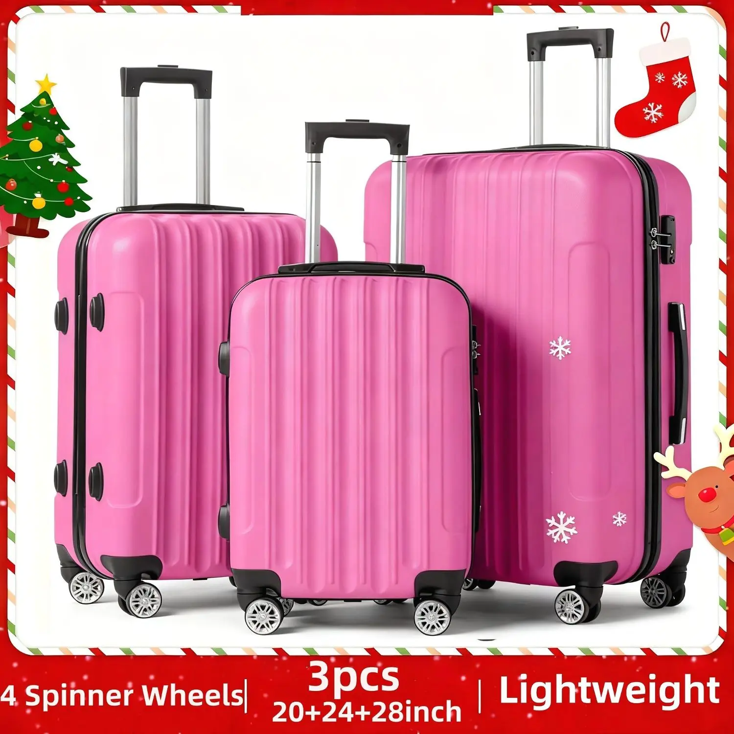 3pcs ABS Hardshell Luggage Set 20/24/28 Inch, 4 Spinner Wheels & Combination Lock Suitcases, Aluminum Handle Large Capacity Carry-On Checked Baggage Black/Navy/Silvery/Rose Golden