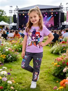 Girls' K-Pop Style Print Set, Kids Clothing, Two Piece with Faux Denim Jeans, Soft Comfortable Fabric, Easy to Wear, Perfect for Outdoor Activities