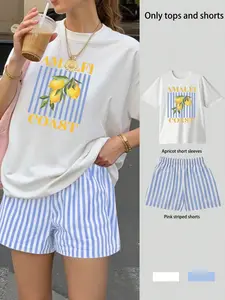 2-Piece Women's Casual Baseball Style with Amalfi Coast Letter and Lemon Print Short Sleeve T-Shirt and Striped Shorts, Comfortable and Trendy for Active Girls, Daily, Everyday and Playwear, Womenswear
