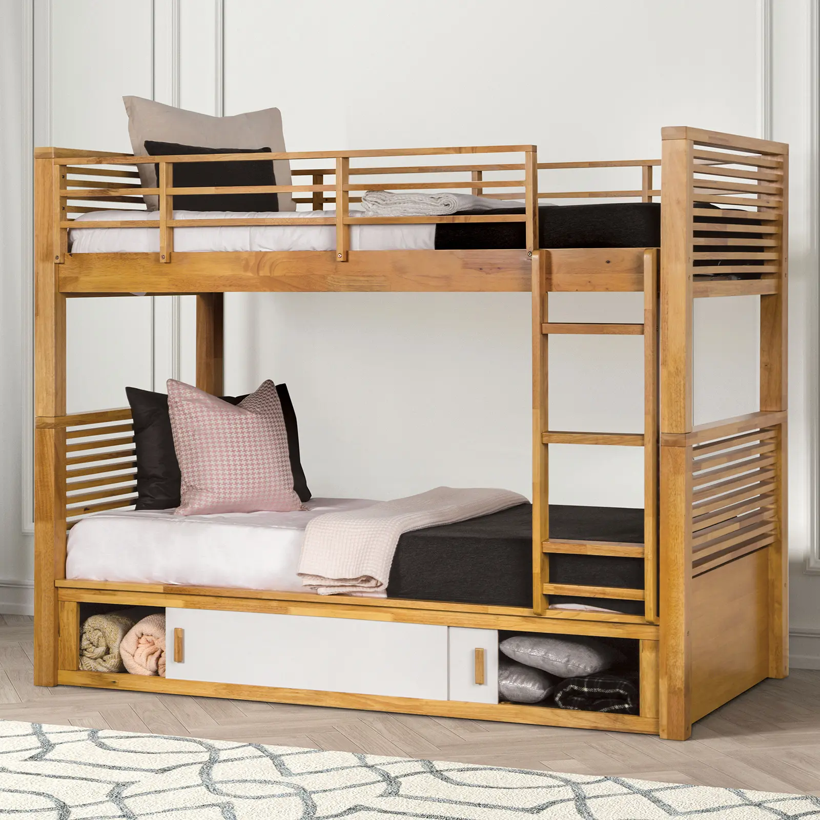 Richland Twin/Twin Bunk Bed with Storage & Convertible Design | Light Oak By FOA