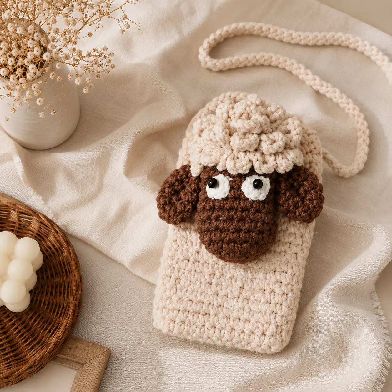 Women's Handmade Crochet Sheep Phone Crossbody Bag | Knit Cell Phone Pouch | Kawaii Crossbody Wallet | Gift for Women & Girls | Convertible Crossbody Phone Purse Cute Bear