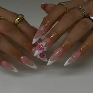 24pcs Medium Long Gel Flower Bead French False Nails Kit, Nail Art Diy, Includes Nail Tape & Buffer, Easy Application, Perfect for Salon & Home Use