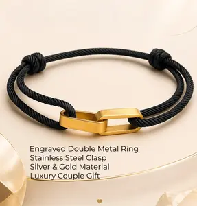 Gold Stainless Steel Double Ring Couple Bracelet, Handmade Braided Cord Bracelet for Men & Women, Minimalist Luxury Matching Jewelry, Adjustable Friendship Bracelet, Couple Accessories, Elegant Handmade Wristband, Relationship Gift, Stackable Bracelet
