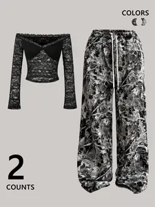 Sexy Lace One-Shoulder Sleepwear Set with Leopard Pattern, Comfortable Casual Pajama for Daily Wear, Trendy Design for Fashion Women