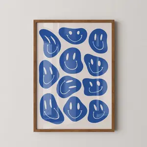 Blue Smiley Face Print, Retro Wall Art, Smile Poster, Retro Art Decor, Groovy Print, Dorm room wall decor, Neutral Kids Room