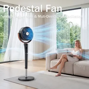 Bedroom Pedestal Fan, Quiet 20dB DC Air Circulator, 15 Speeds 5 Modes, 120° Oscillation, 12H Timer, 1050CFM Airflow, 37-45" Adjustable Height, LED Light, Standing Fan with Remote, Black