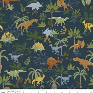 Flannel Cretaceous Jungle Dinos Navy Fabric by the Yard or Fat Quarter | Riley Blake Designs
