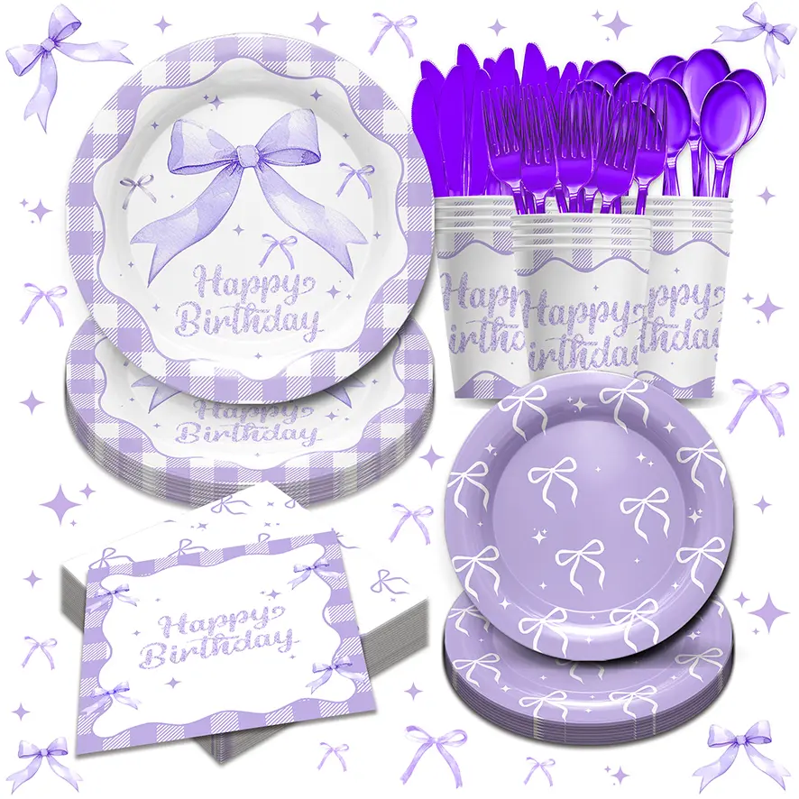 168Pcs Purple Bow Birthday Party Supplies Party Packs - Coquette Birthday Decorations Include Include Plates, Napkins, Cups, Cutlery, For Purple Bow Girls Theme Party Supplies Tableware Set| Serves 24