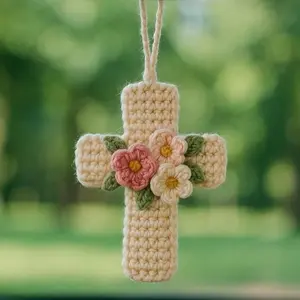 Handmade Crochet Cross Car Charm – Floral Amigurumi Rearview Mirror Hanging Ornament, Cute Christian Gift for Car, Home & Bag Decor