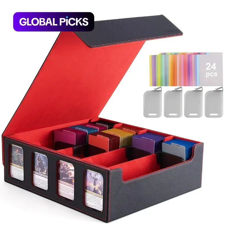 Magnetic PU Leather Game Card Box, Large Capacity Four-Slot Separable Storage Case, Fits Up to 2400 Cards, Ideal for Board Games & Collectibles