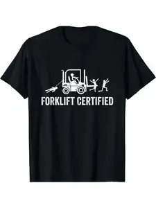 Funny Forklift Print T-Shirt, Casual Geometric Pattern, Fitted Long Sleeve, Work Humor, Trendy Career Self-Parody Clothing