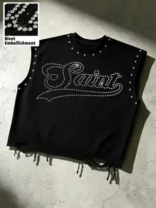 Men's Sleeveless T-Shirt with Rivet Letters, Asymmetrical Design, Casual Fitted Style, Ideal for Gym, Fitness and Streetwear