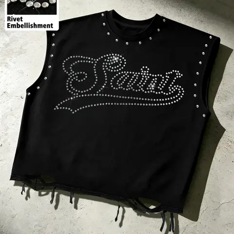 Men's Sleeveless T-Shirt with Rivet Letters, Casual Fashion Fitted Style, Ideal for Gym, Fitness and Streetwear, Graphic Apparel