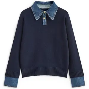 Womens Oversized Sweater Cozy Fall Long Sleeve Button Up Denim Polo Pullover Tops Sweatshirt Tunic Collared Sweaters