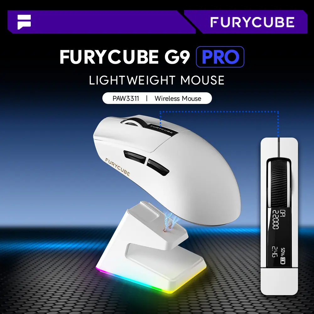 FURYCUBE G9 Pro Wireless Mouse Tri-Mode BK3533 Chip Ultra-lightweight 12000DPI For Gaming Office Wireless Gaming Mouse, Rechargeable RGB Lighting Mouse with Charging Base, Optical Sensor Mouse for Gaming & Office Gaming Accessories,Gift tiktokshopspringgl
