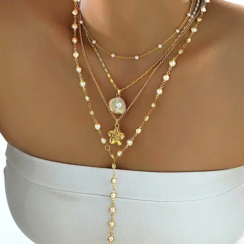 Bohemian Style Fashion Necklace Set with Shell Flowers & Faux Pearls, Dangling Pearl Necklace, Perfect for Vacations, Dates, Parties, Gifts, Daily Wear, Neck Jewelry