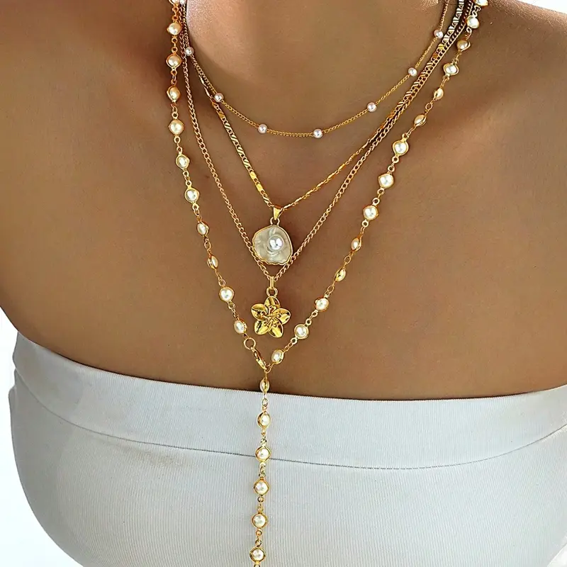 Bohemian Style Fashion Necklace Set with Shell Flowers & Faux Pearls, Dangling Pearl Necklace, Perfect for Vacations, Dates, Parties, Gifts, Daily Wear, Neck Jewelry