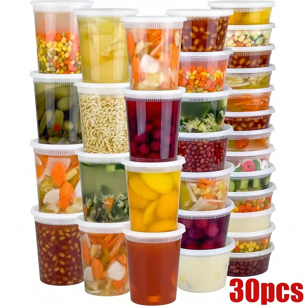 30 Pack Food Storage Containers with Lids (8oz/16oz/24oz) Airtight Leakproof Plastic Deli Containers for Meal Prep, Soup, Leftovers, Takeout, Freezer, Microwave & Dishwasher Safe