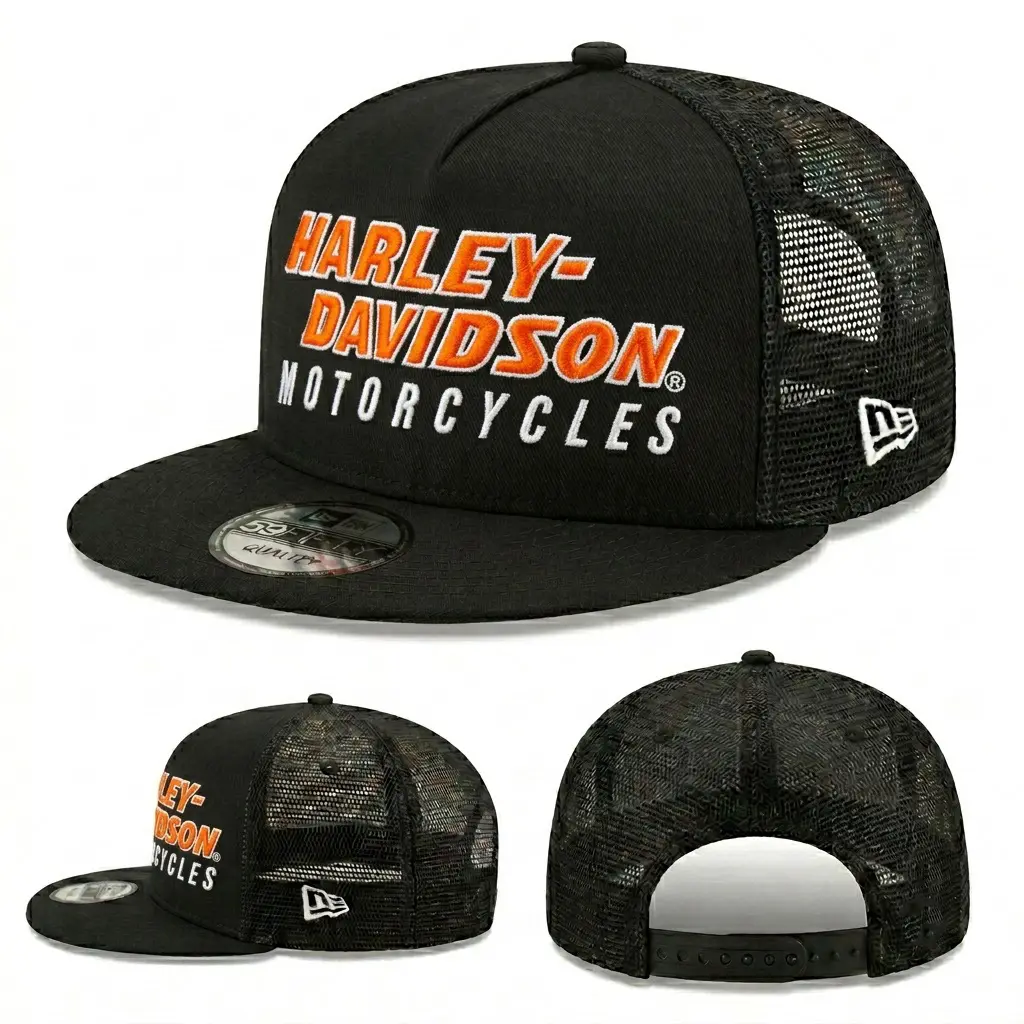 Retro Biker Graphic Embroidered Black Trucker Hat, Vintage Motorcycle Mesh Snapback Cap with Flat Brim, Bold Streetwear Rider Hat for Men, Classic Garage Style Headwear, Road Trip Cap, Motorcycle Enthusiast Gift and Casual Outdoor Biker Hat