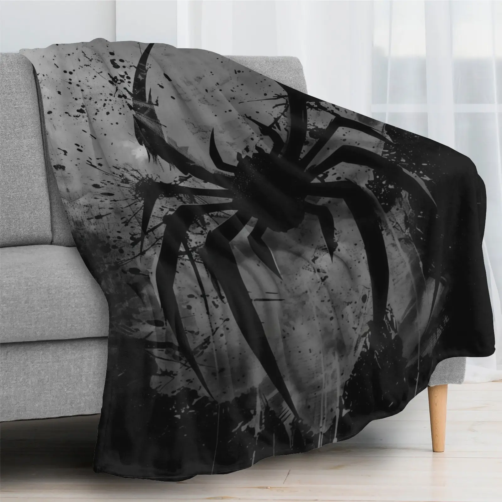 Black Gray Splash Ink Spider Graphic Flannel Throw Blanket Dark City Art Pattern Soft Plush Lightweight Blanket For Sofa Bedroom Dorm Camping Ideal Birthday Halloween Christmas Gift For Teen Boys Dark Art Fans
