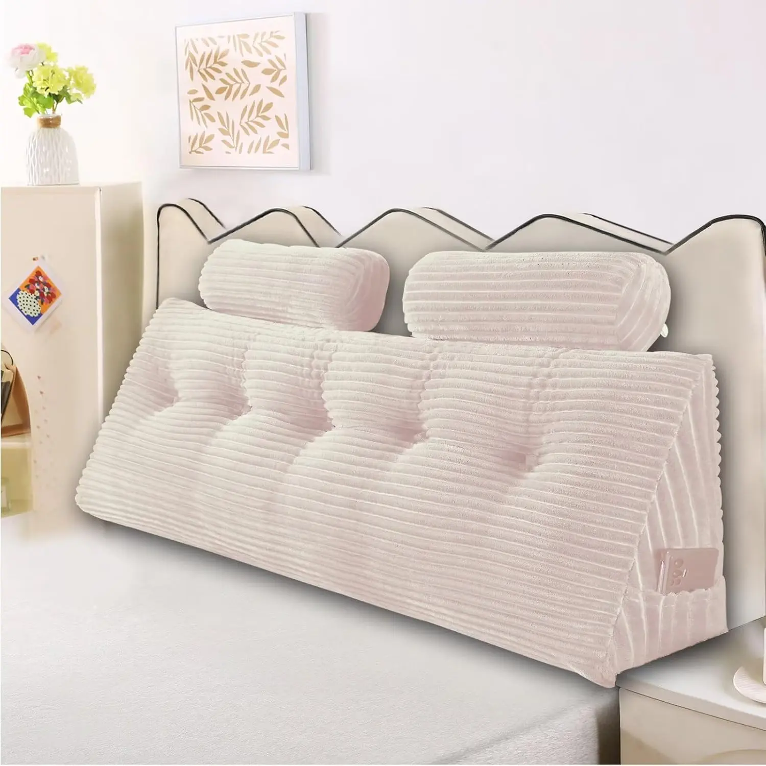 Headboard Pillow for  Reading and Relaxation - Beige Wedge Backrest Pillow for Bed,Daybed,and Lounging - Supportive and Stylish Long Pillow for Sitting and Sleeping  (59x8x20 Inches)