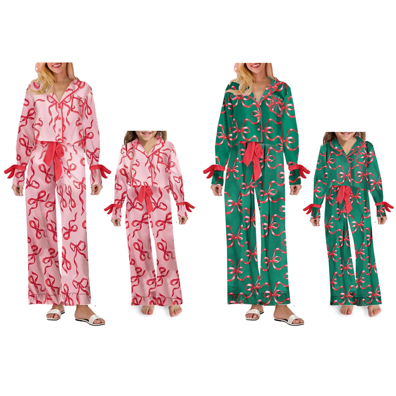 Mommy and Me Matching Pajamas Bow Print Lape Long Sleeve Button Down Tops and Drawstring Pants 2Piece Sleepwear Holiday Pajamas 2Piece