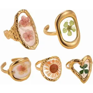 5pcs 18k Gold Plated Floral Adjustable Rings Chunky Gold Rings Vintage Jewelry  Accessories Don't Tarnish Ring Set