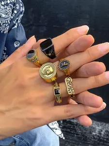 6pcs/set Fashion Streetwear Punk Style Skull & Letter Design Ring Set For Men's Daily Casual Wear