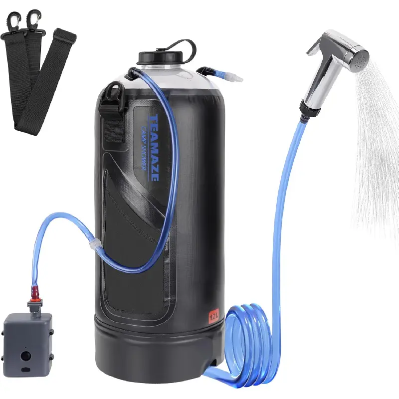 Portable Solar Heating Camping Shower Bag, 12L/3.2 Gal Camping Supplies with Automatic Pressure Pump, Compact PVC Design for Hiking, RV Use, Camping Equipment, Portable Showers