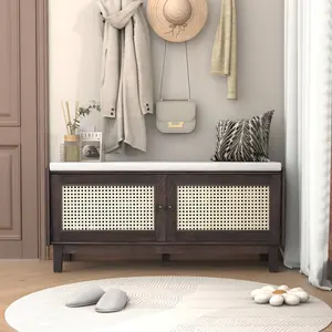 Fahuac Boho Rattan Shoe Rack Organizer Bench - Cushioned Double-Door Storage Bench with Removable Washable Cushion, Adjustable Shelves, Espresso+Beige Wooden Hallway Organizer