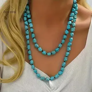 Boho-Chic Turquoise Necklace Retro Women Double Layer Bead Necklace Handmade Long Chain Beach Vacations Elegant Women Turquoise Necklace Perfect for Casual Attire & Special Occasions
