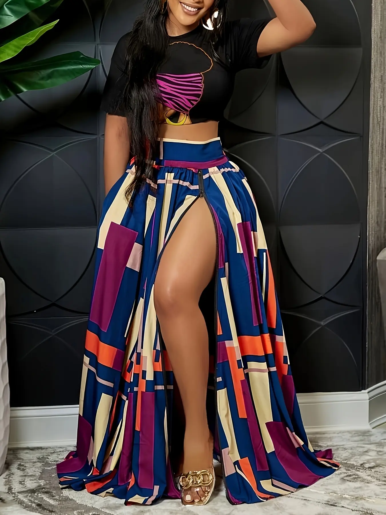 MOTIONKILLER Women's 2-Piece Fashion Clothes Set - Polyester Short-Sleeve Cropped Graphic Top, Multicolor Colorblock Slit Skirt, Breathable Fabric