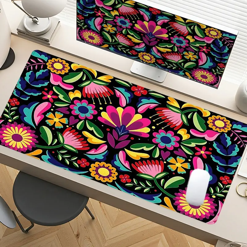Vibrant Floral Mexican Folk Art Gaming Mouse Pad Extra Large Computer Mouse Pads for Desk xxl Mouse Pad for Laptop Big Mouse Pad Extended Mouse Pad with Non-Slip Rubber Base Stitched Edge for Día de Muertos